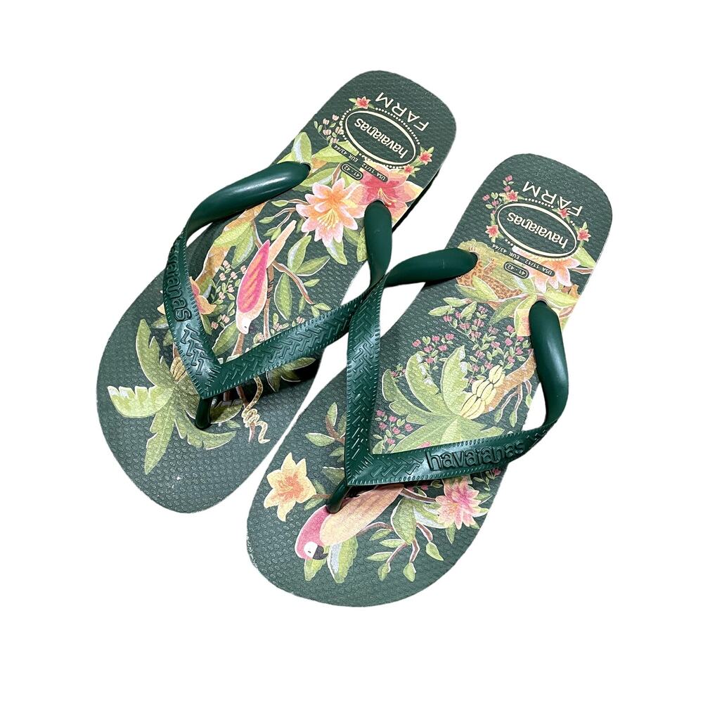 FARM Rio Havaianas US 11/12 Flip Flops Tropical Parrot Leopard Palm Trees Beach